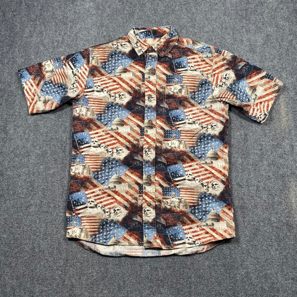 Red Head Mens Patriotic American Mount Rushmore‎ Short Sleeve Button Up Shirt S
